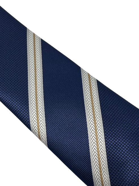 Navy dark blue tie with  bronze and white stripe